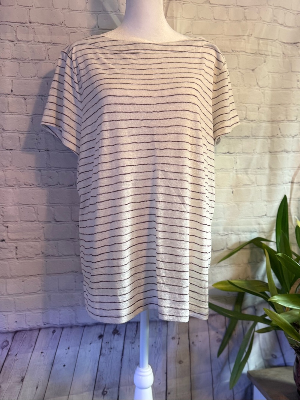 LOFT Cream Tee with Maroon Thin Stripes - Short Sleeve